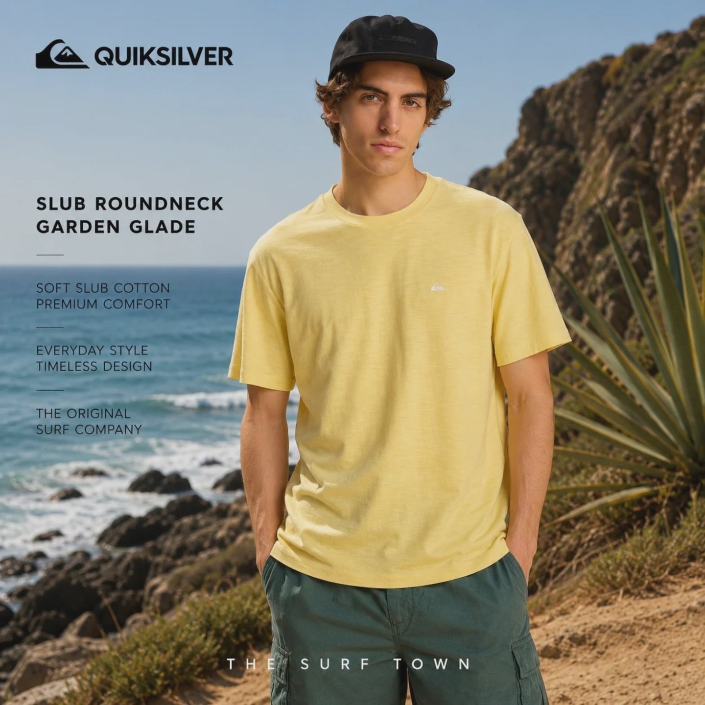 modelo vistiendo una Camiseta Quiksilver Slub Roundneck Garden Glade en un video promocional propio de the surftown en un acantilado con vistas al mar