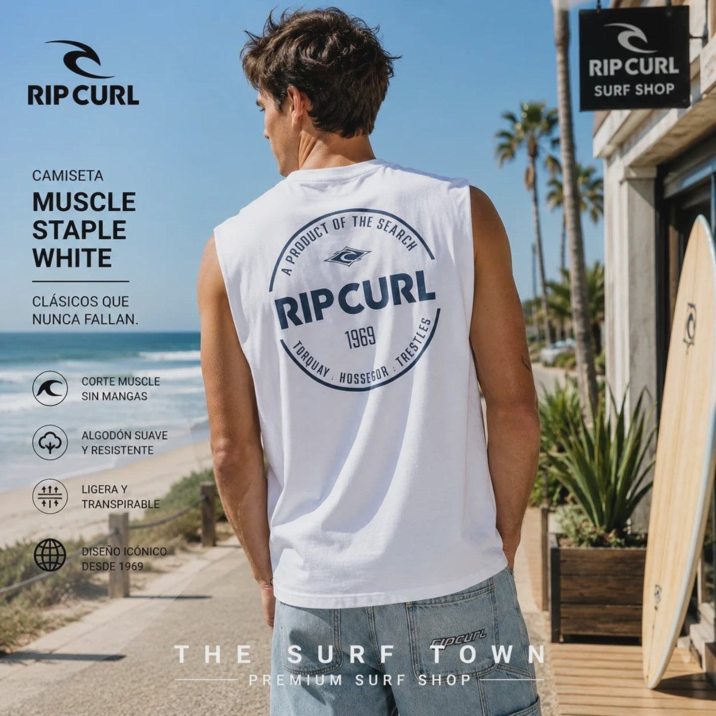 modelo vistiendo una Camiseta Rip Curl Muscle Staple White durante un video propio de the surf town junto a una tienda de surf rip curl en la playa