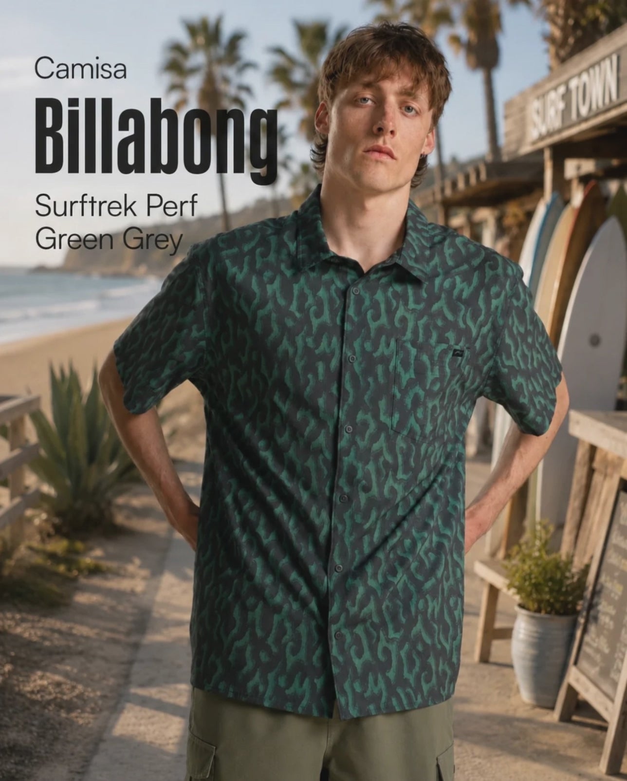 modelo vistiendo una Camisa Billabong Surftrek Perf Green Grey en una sesion fotografica y de video promocional de the surf town en un paseo maritimo en Bali