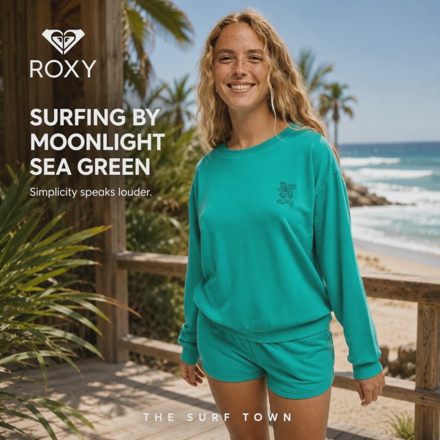 video editorial propio de the surf town de modelo llevando una sudadera roxy surfing by moonlight de color sea green en el exterior de una villa con vistas al mar