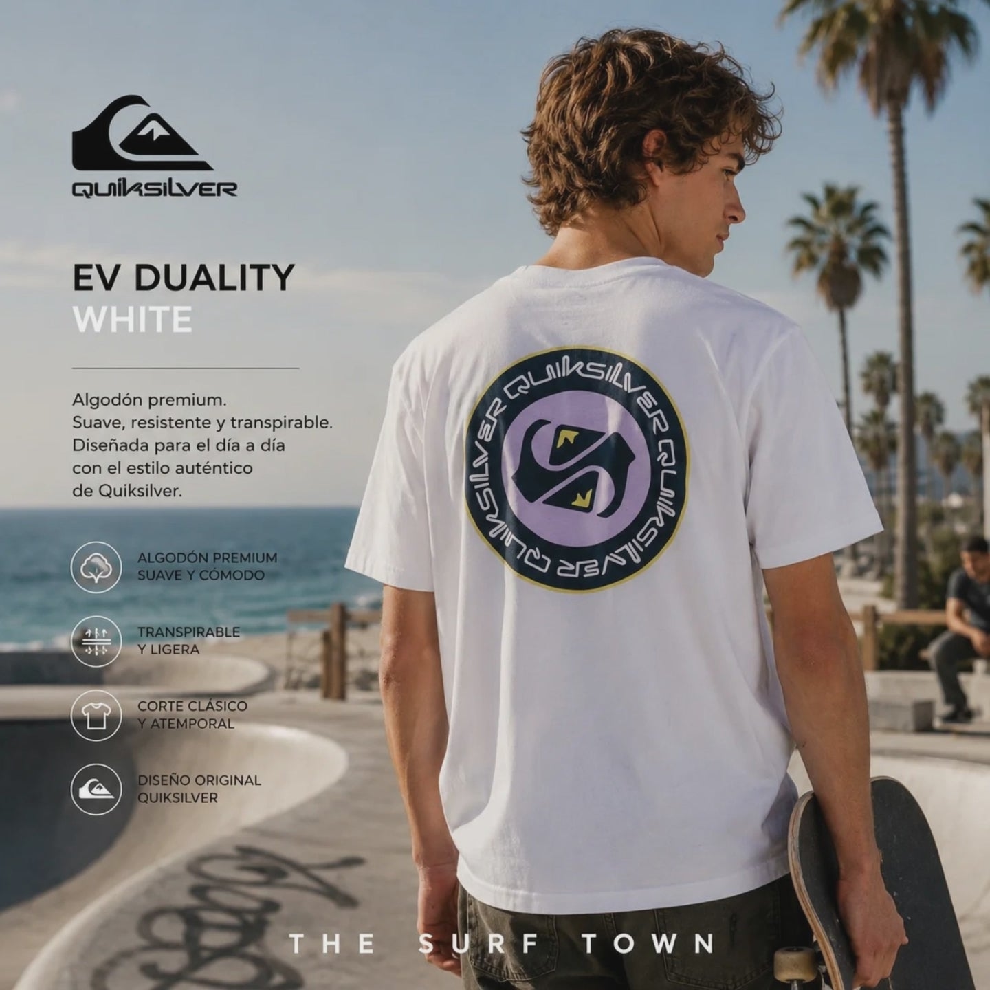 video de modelo vistiendo una Camiseta Quiksilver EV Duality White en un video promocional de the surf town en skate park de paseo maritimo