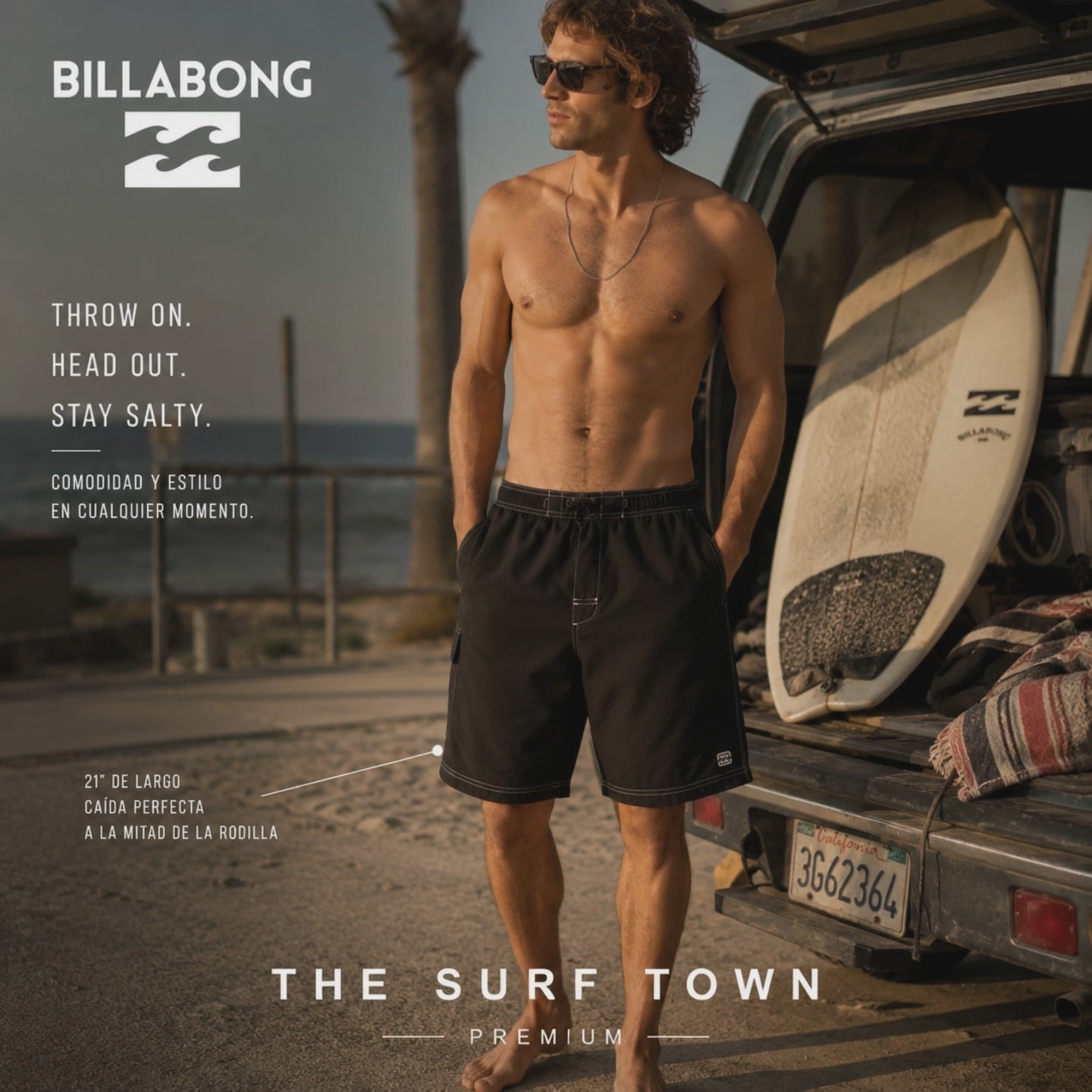 modelo surfero vistiendo un Bañador Billabong Throw On LB Black 21´ en una sesion de video promocional propia de the surf town en la playa