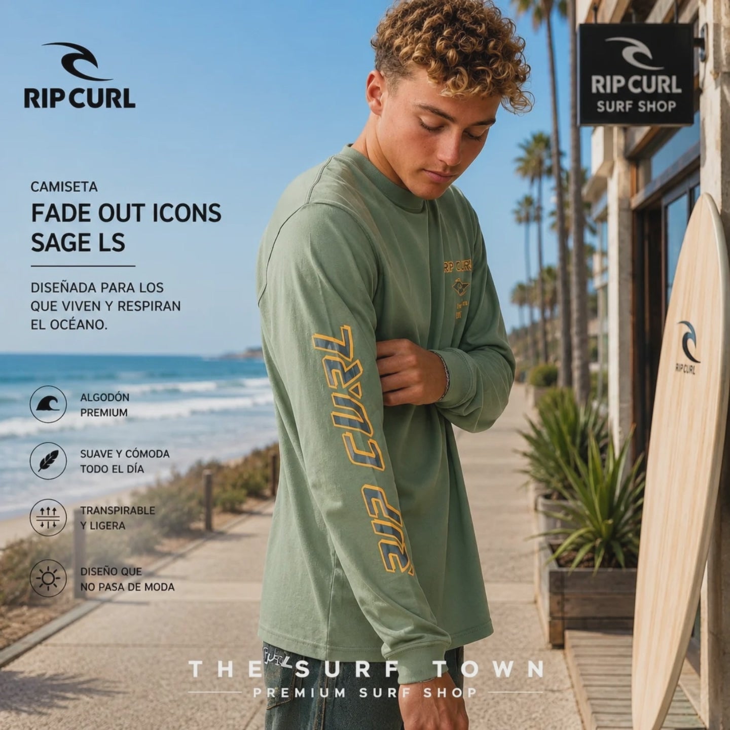 modelo vistiendo una Camiseta Rip Curl Fade Out Icons Sage Ls en un video propio editorial promocional de the surf town en un paseo maritimo junto a una tienda rip curl
