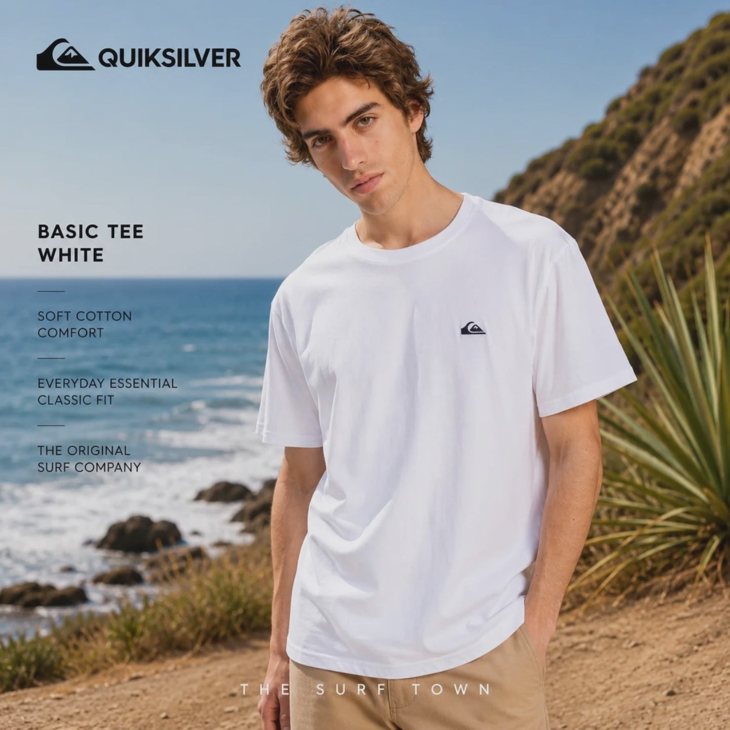 modelo vistiendo una Camiseta Quiksilver Basic Tee White en un video promocional propio de the surf town en un acantilado junto al mar