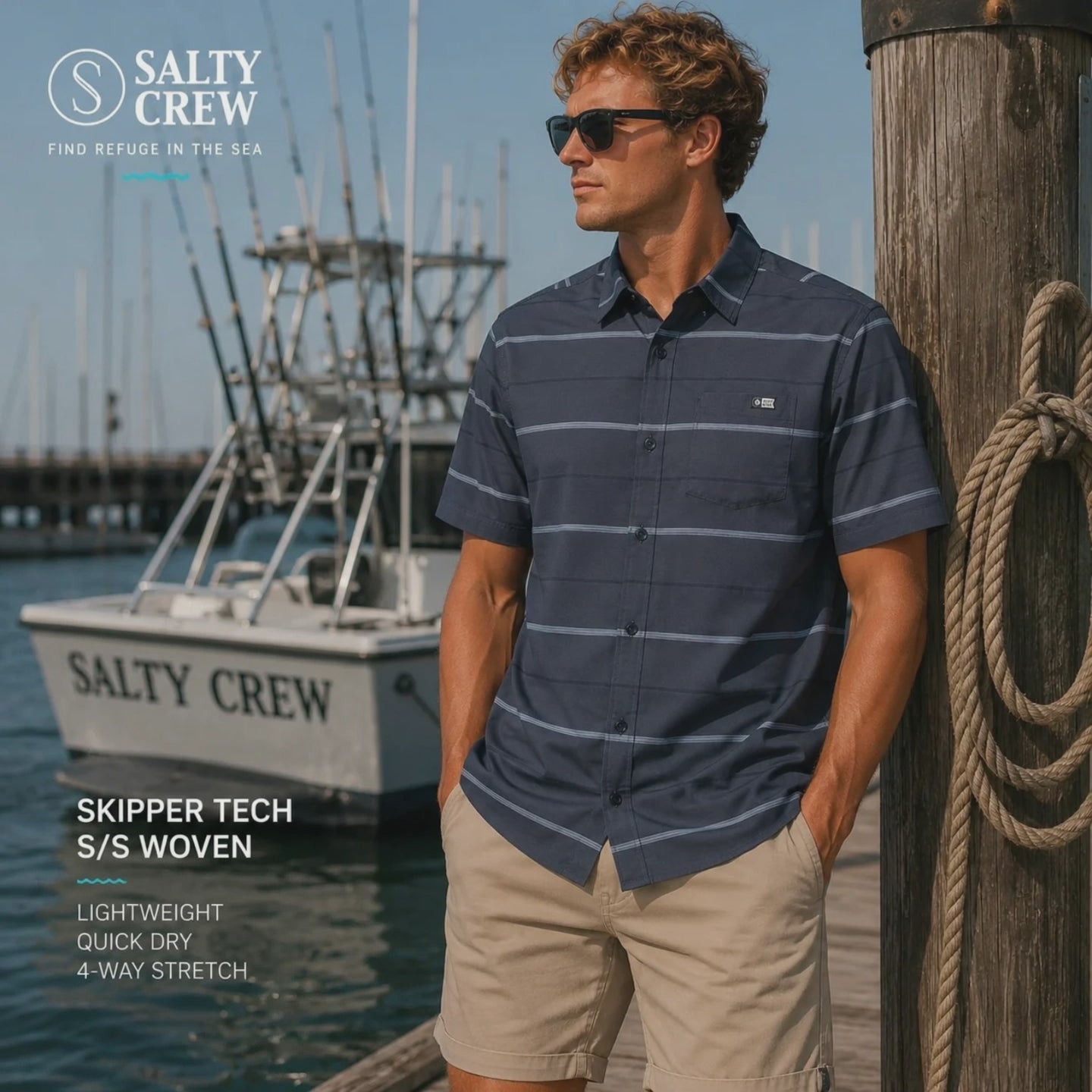 modelo vistiendo una Camisa Salty Crew Skipper Tech Dark Lava en una sesion de video promocional de the surf town en un puerto deportivo