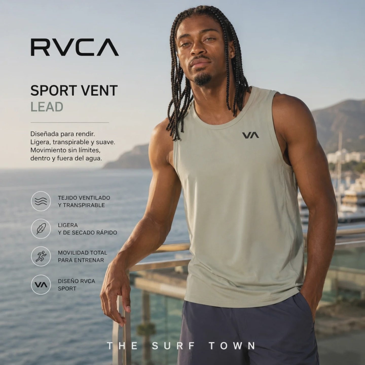 modelo vistiendo una Camiseta Rvca Sport Vent Light Olive en un video promocional de the surf town en un paseo maritimo mediterraneo