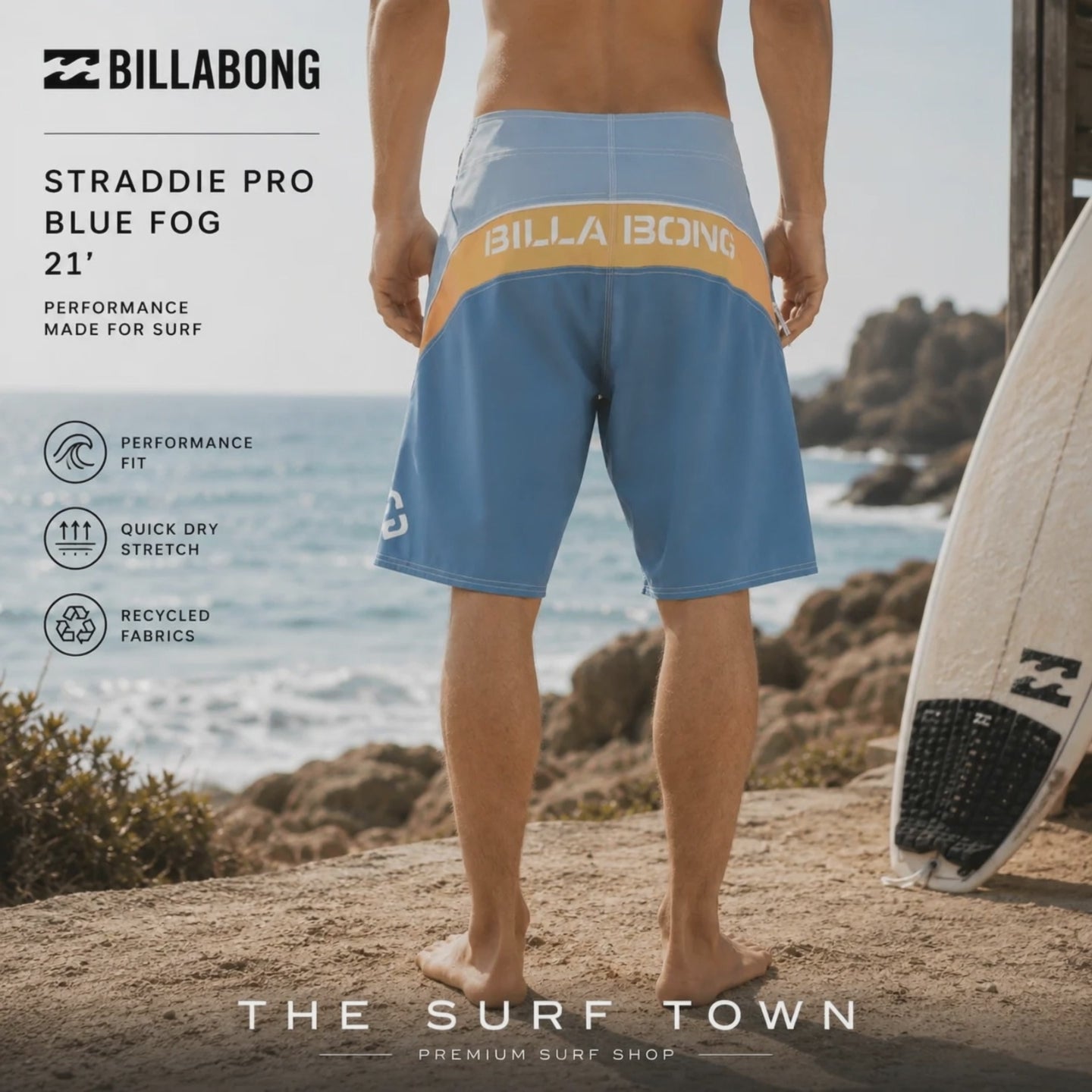 modelo surfero llevando bañador billabong straddie pro largo de 21 pulgadas en una sesion de video de the surf town en la playa antes de surfear