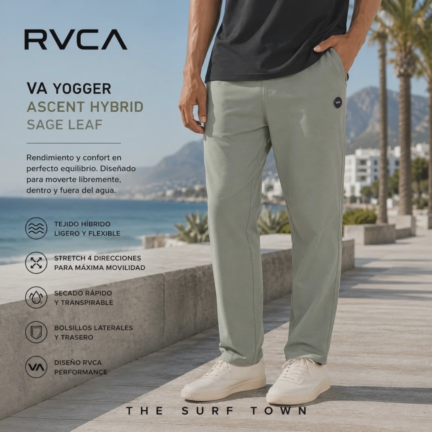 modelo vistiendo un Pantalón Rvca VA Yogger Ascent Hybrid Sage Leaf en un video promocional de the surf town en un paseo maritimo mediterraneo