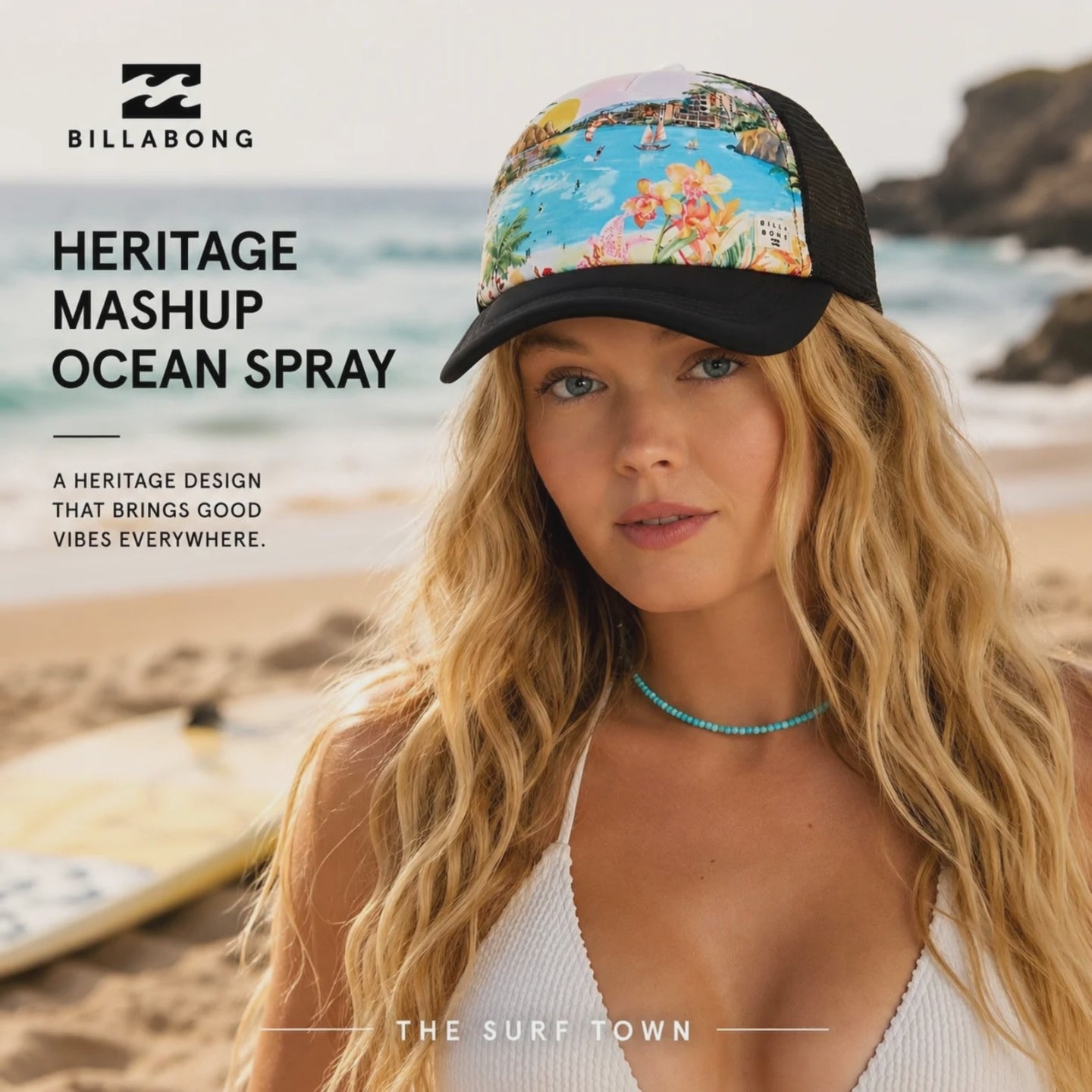 modelo llevando una gorra billanong mashup ocean spray durante un video promocional editorial propio de the surf town en la playa