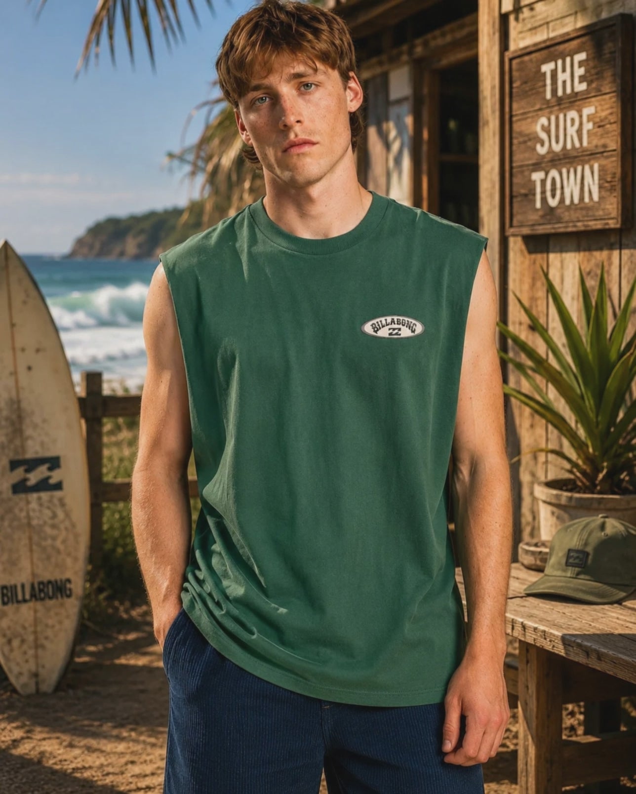 modelo vistiendo una Camiseta Muscle Billabong Re Issue Emerald Green en un video promocional de the surf town en el exterior de una cabaña de madera junto al mar