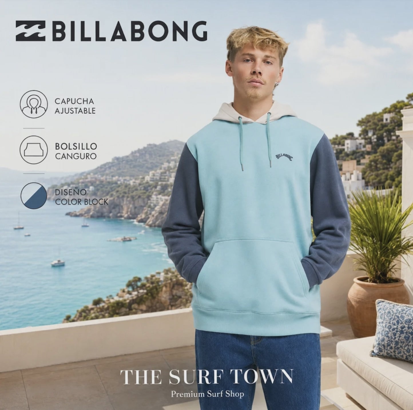 video promocional editorial propio de the surf town de Sudadera Billabong Arch Block Po Blue Haze para hombre con capucha y diseño color block