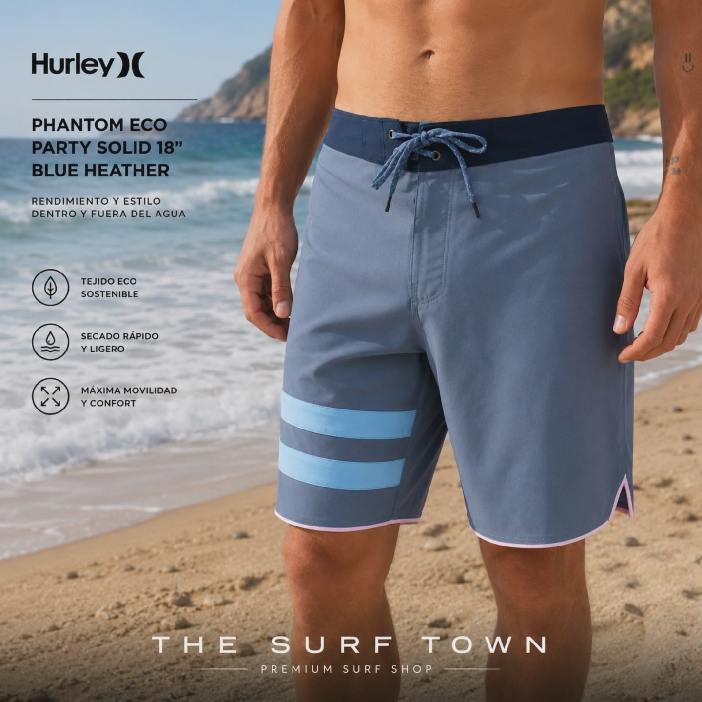 modelo surfero vistiendo un banador-hurley-phantom-party-solid-azul-lifestyle-playa para un video promocional propio de the surf town en la playa 