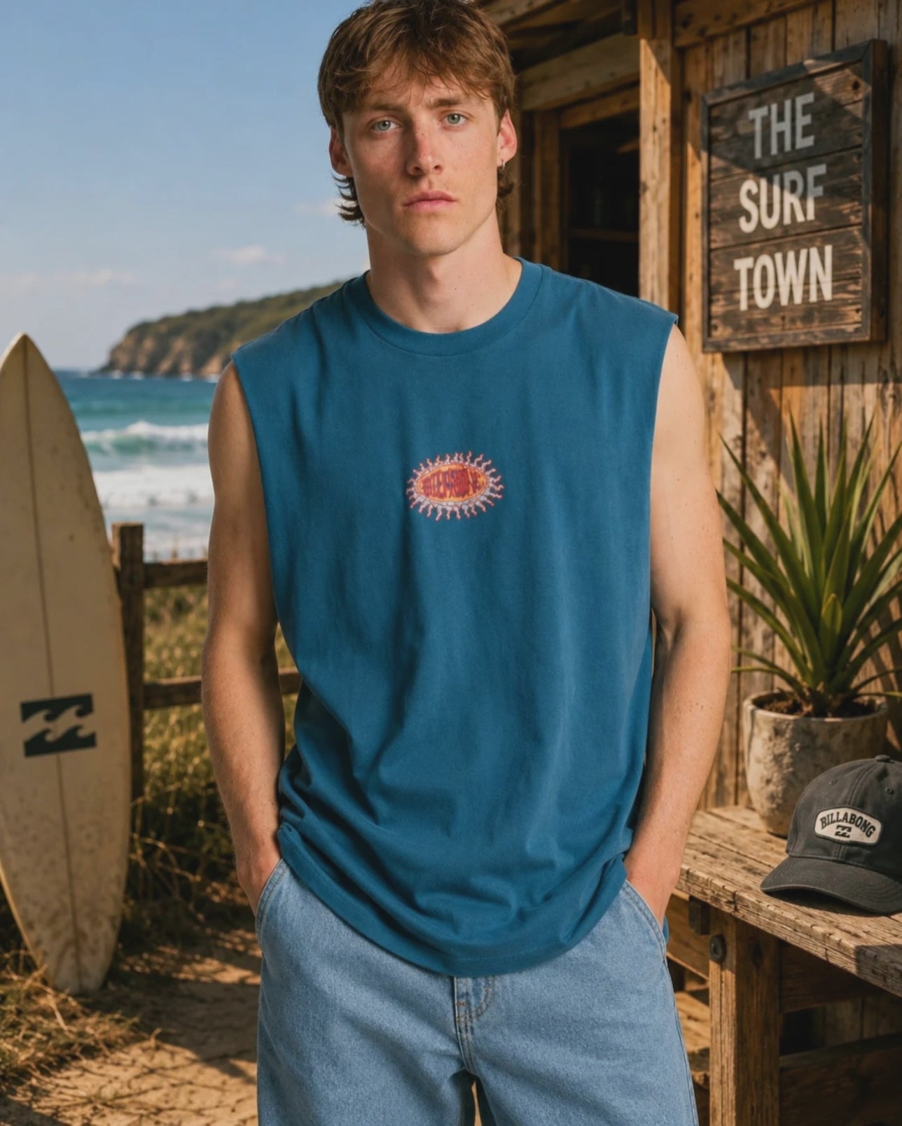 modelo vistiendo una Camiseta Muscle Billabong Burn Out Real Teal en un video promocional propio de the surf town en el exterior de una cabaña junto al mar