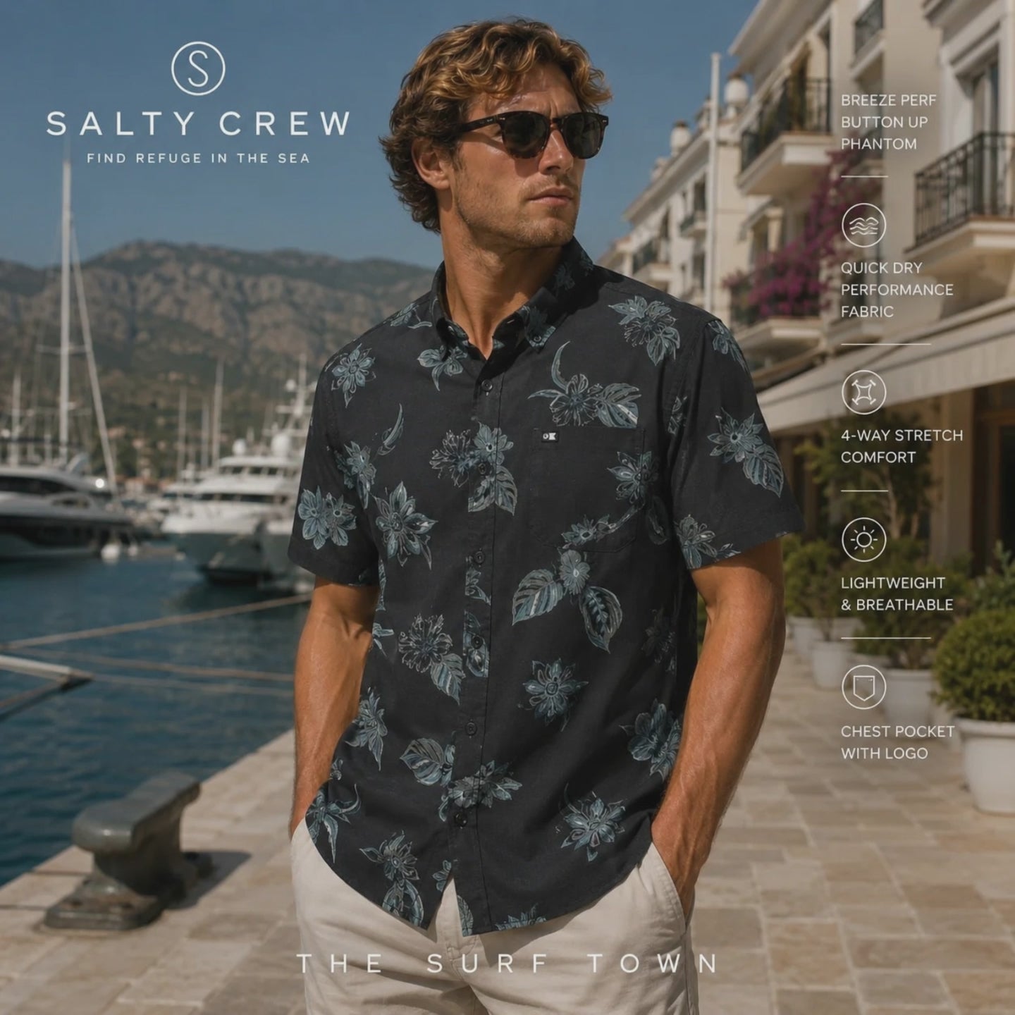 video editorial propio de the surf town de modelo llevando una camisa salty crew breeze perf en un puerto deportivo