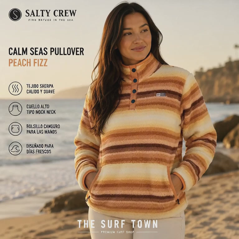 Sudadera Salty Crew Calm Seas Pullover Peach Fizz, video editorial propia de THE SURF TOWN en la playa