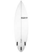 parte de abajo de Tabla de surf Pyzel Ghost en fotografía editorial propia de THE SURF TOWN con ambiente surf premium, mar azul, luz solar diurna y fondo costero lifestyle para destacar uno de los modelos de alto rendimiento más versátiles de Pyzel Surfboards.