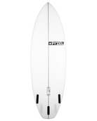 Parte de abajo de la Tabla de surf Pyzel Gremlin en fotografía editorial propia de THE SURF TOWN con ambiente surf premium, playa de aguas cristalinas, luz solar diurna y fondo lifestyle costero para destacar este modelo de alto volumen y gran velocidad para olas pequeñas y medianas.
