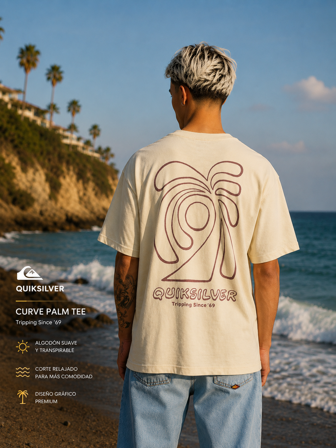 Camiseta Quiksilver Curve Palm Bone White hombre estilo surf premium editorial junto al océano