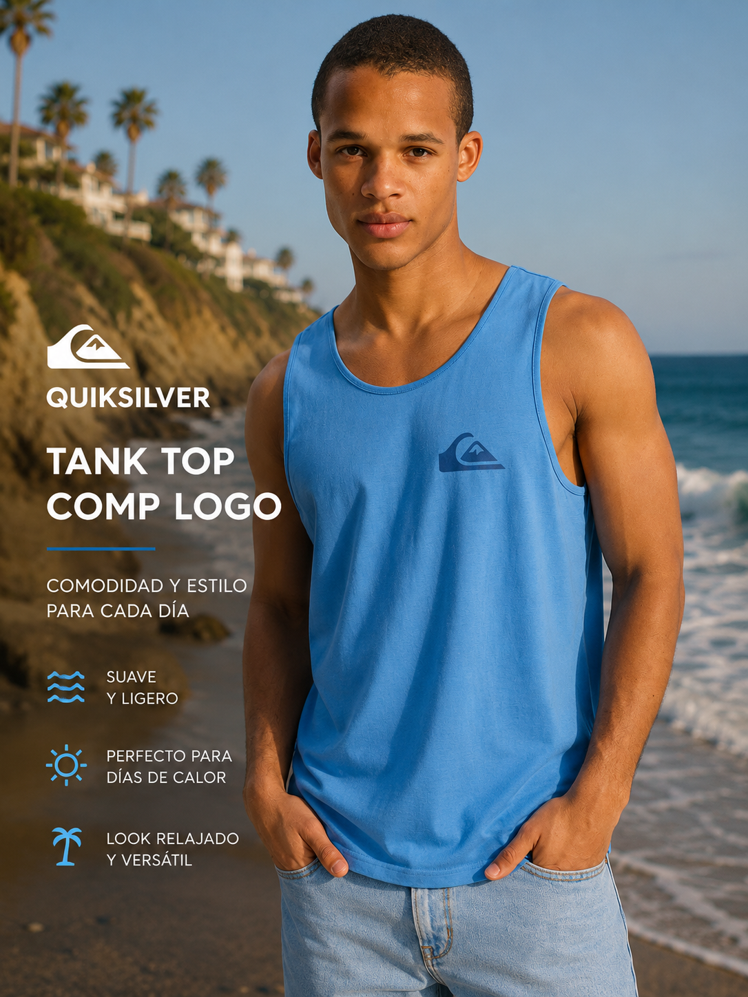 Camiseta de tirantes Quiksilver Comp Logo azul hombre estilo surf premium junto al mar