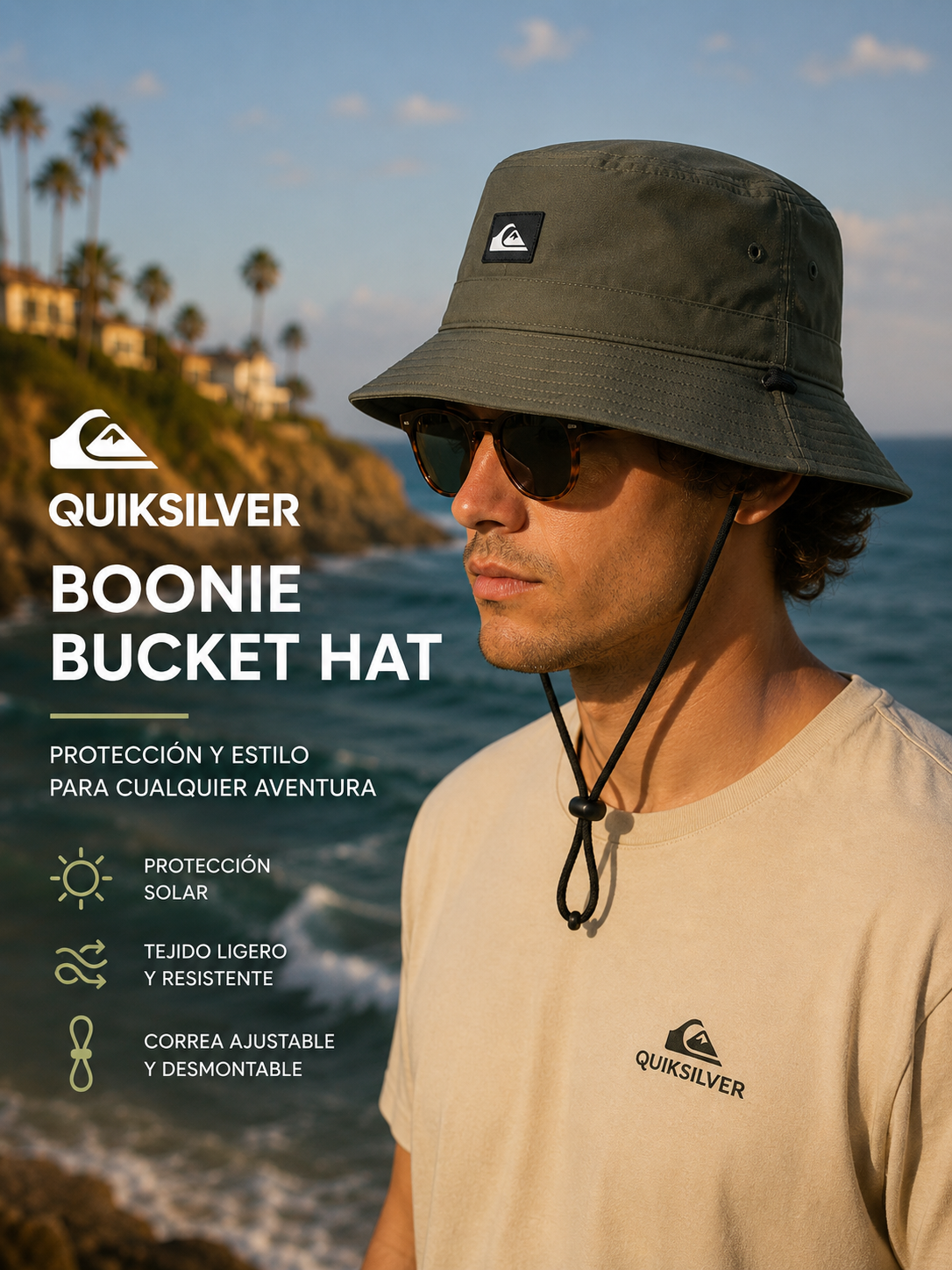 Gorro bucket Quiksilver Amphibian Grape Leaf verde hombre estilo surf premium junto al océano