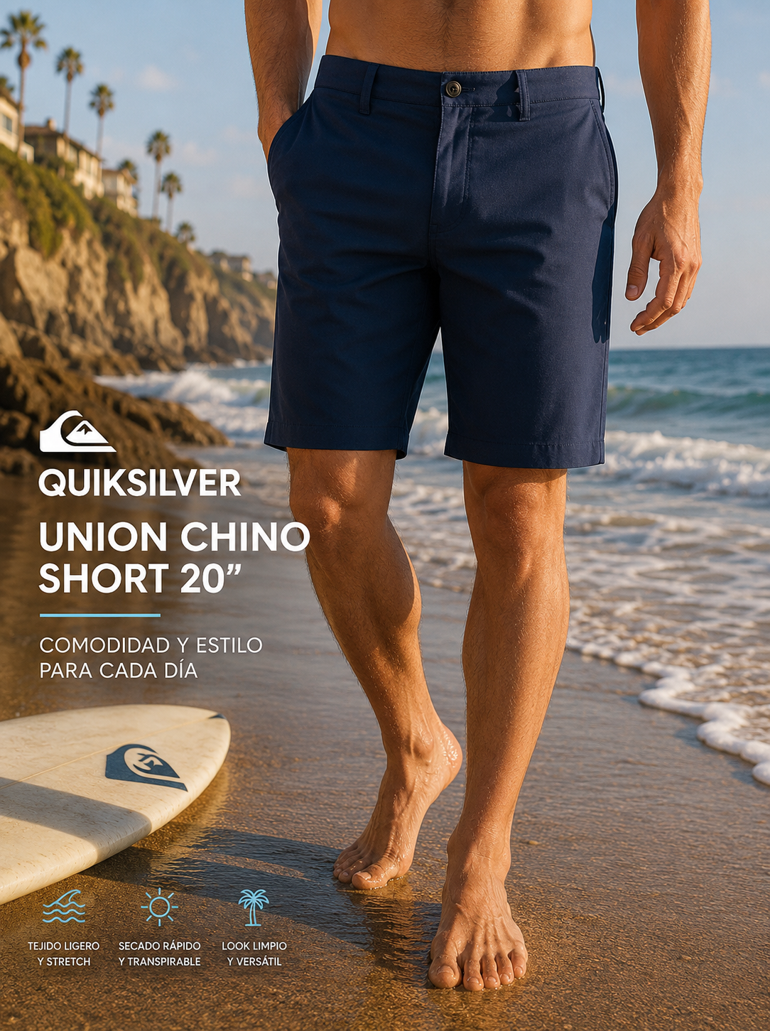 Short híbrido Quiksilver Union 20 Dark Navy hombre estilo surf premium caminando por la orilla al atardecer