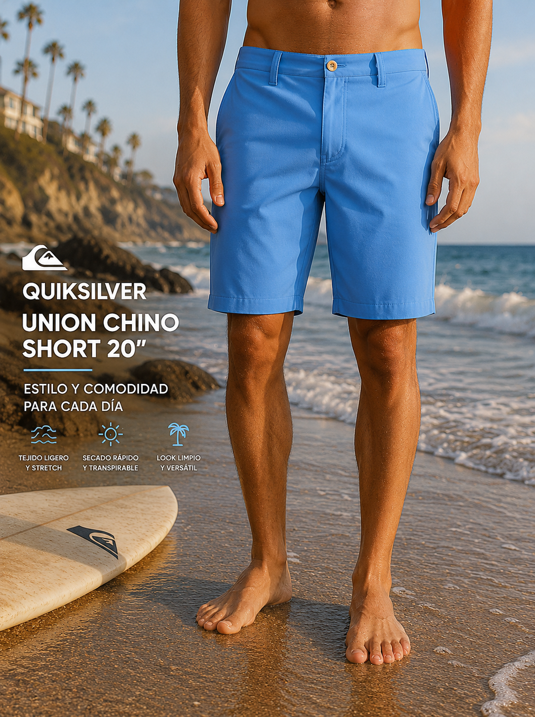 Short híbrido Quiksilver Union 20 Riviera azul hombre estilo surf premium editorial caminando por la orilla al atardecer