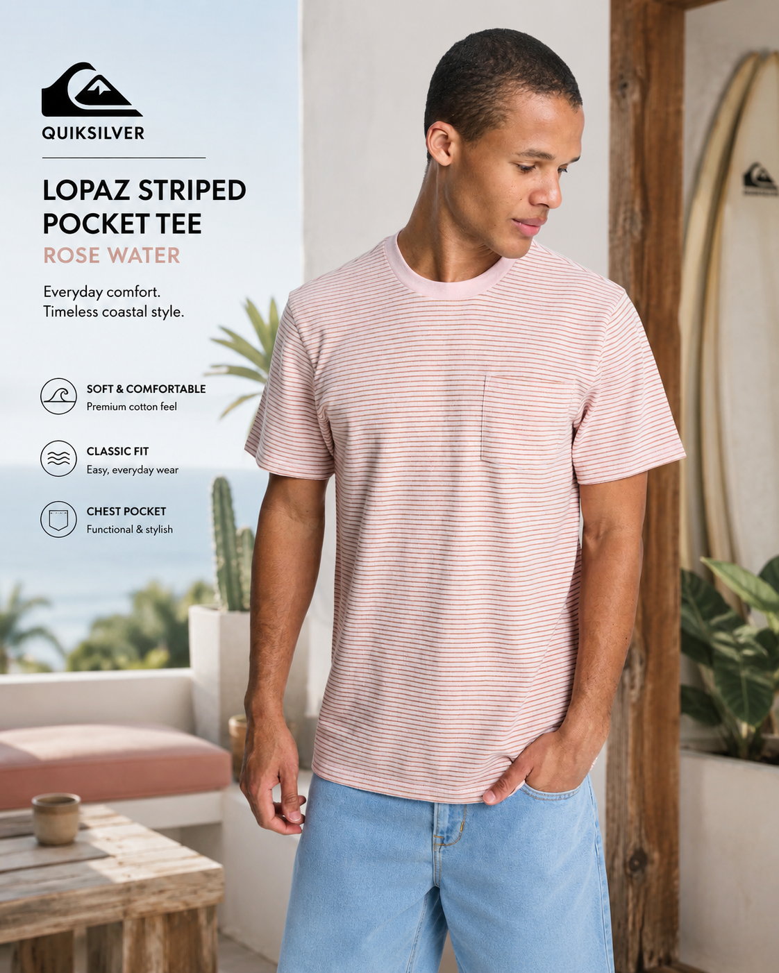 Quiksilver Lopaz Striped Pocket Rose Water en escena coastal premium con luz natural brillante y estilo surf relajado