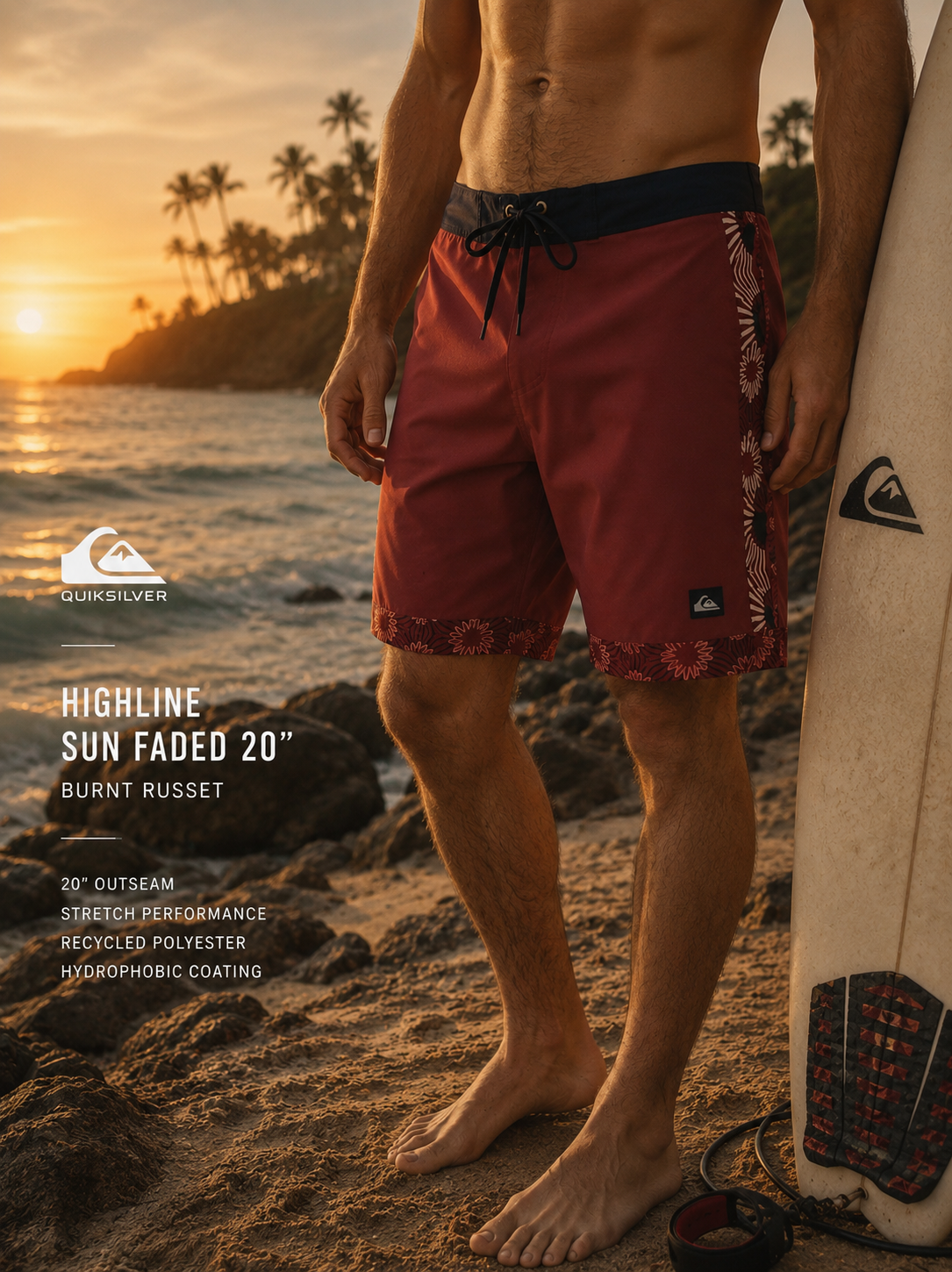 Bañador Quiksilver Surfsilk Nomad 18 Burnt Russet para hombre en escena surf cinematográfica junto al mar al atardecer