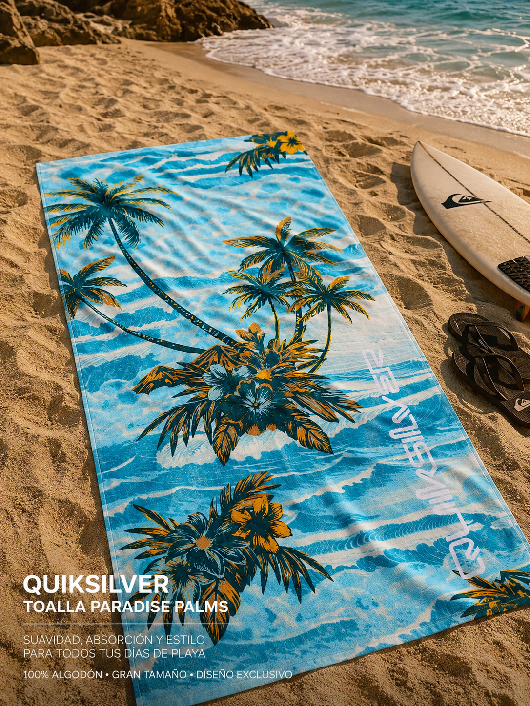 Toalla Quiksilver Freshness Aqua Sundown estilo tropical surf premium sobre arena junto al mar