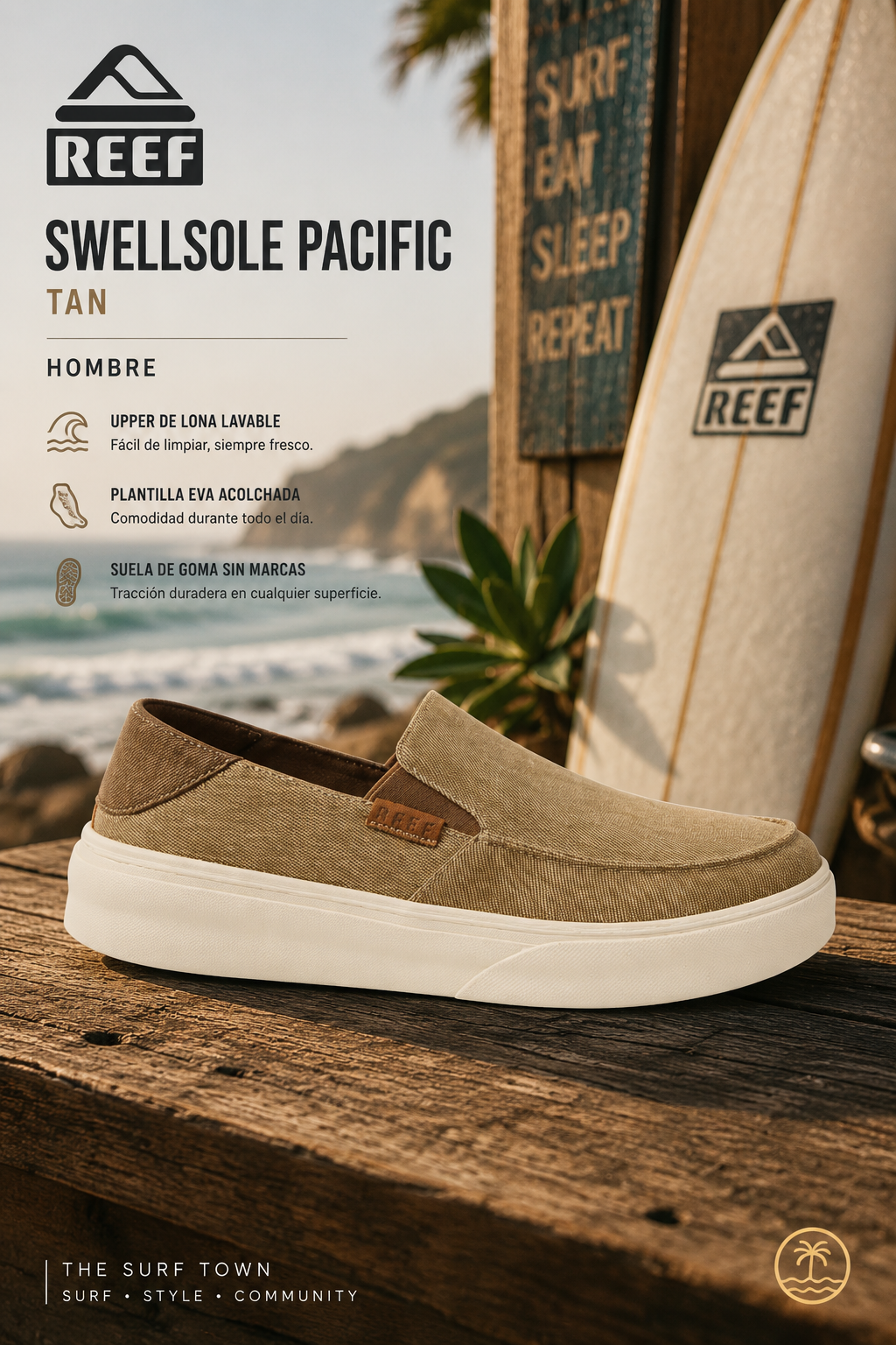 Zapatillas Reef Swellsole Pacific Tan hombre en escenario surf lifestyle premium frente al mar con estética coastal editorial