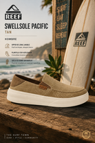 Zapatillas Reef Swellsole Pacific Tan hombre en escenario surf lifestyle premium frente al mar con estética coastal editorial