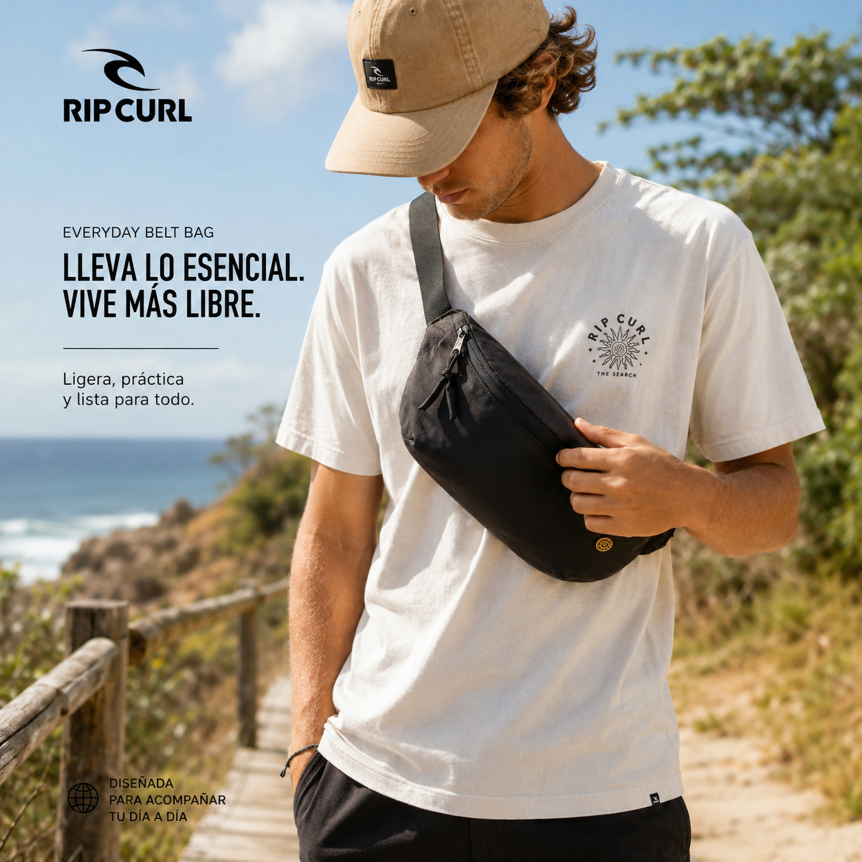 Riñonera bandolera Rip Curl Everyday Belt Bag Black negra en sendero costero lifestyle surf