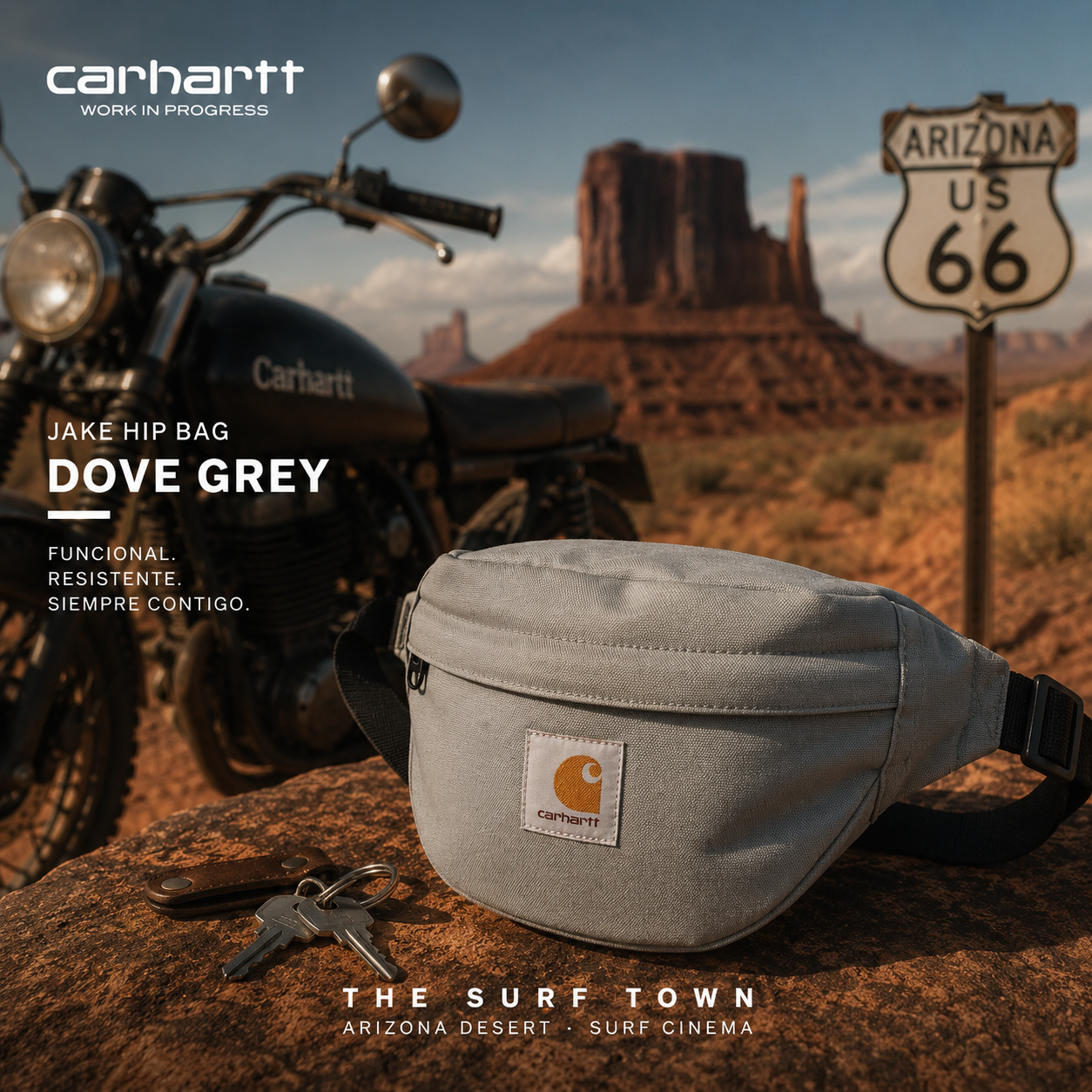 Riñonera Carhartt WIP Jake Hip Bag Dove Grey en fotografía editorial propia de THE SURF TOWN inspirada en la Ruta 66 y el desierto de Arizona