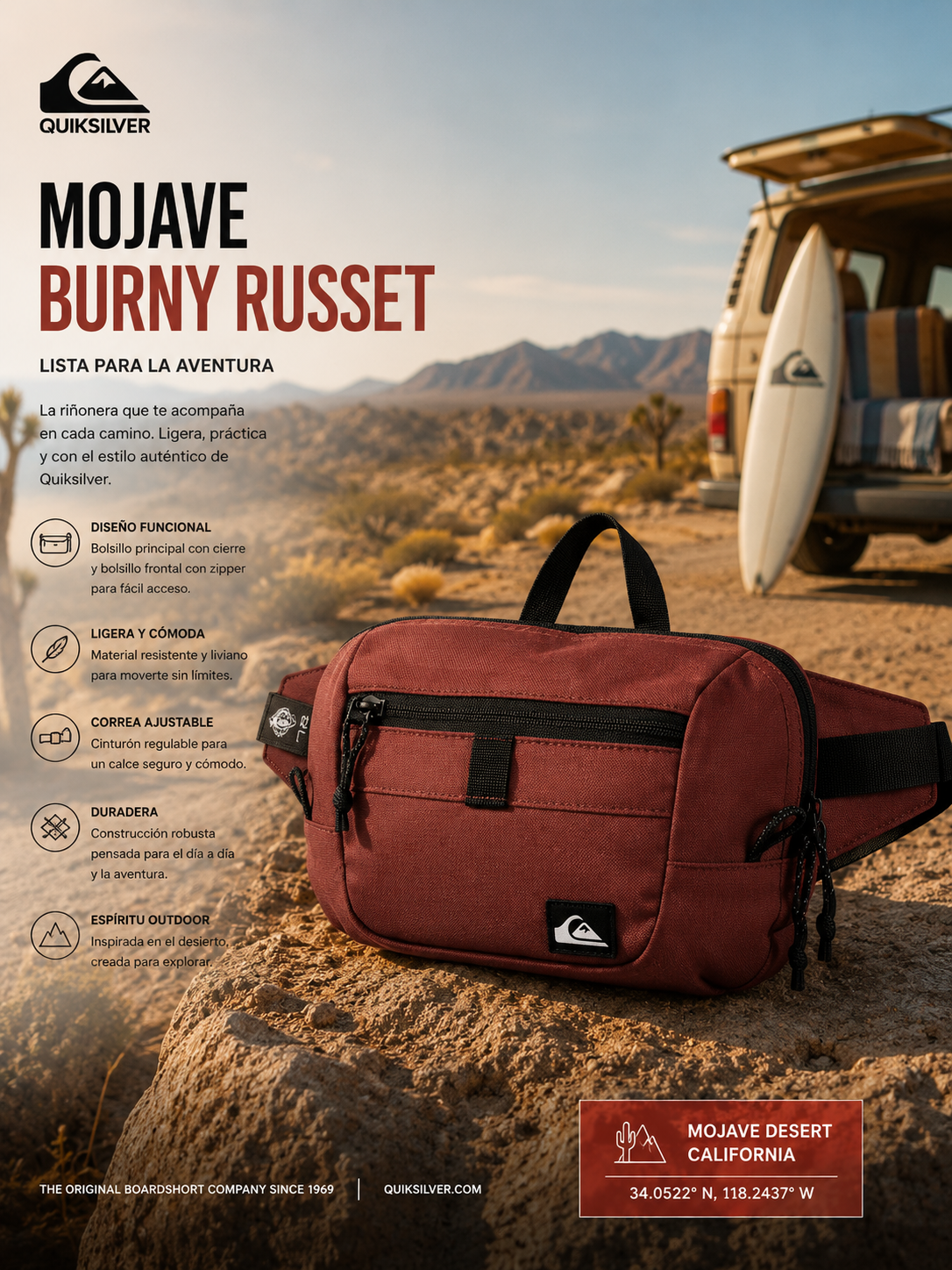 Riñonera Quiksilver Mojave Burny Russet roja granate en escena editorial desierto California outdoor adventure