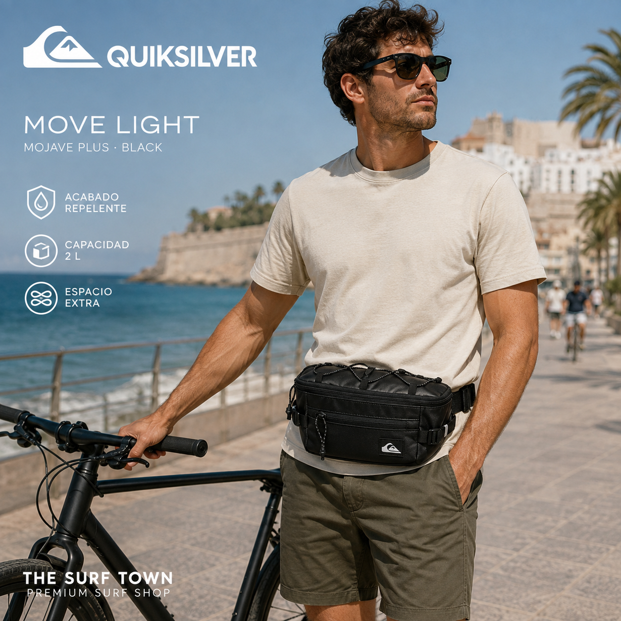 Riñonera Quiksilver Mojave Plus Black de 2 litros en paseo marítimo, imagen editorial propia de THE SURF TOWN