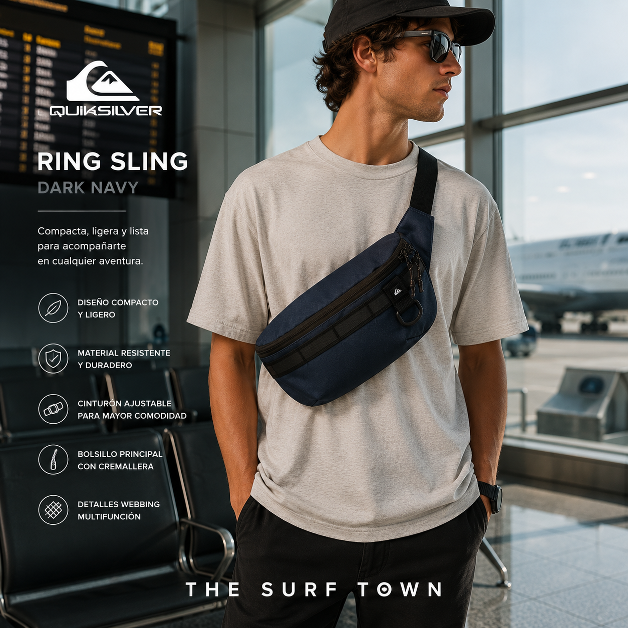 Riñonera Quiksilver Ring Sling Dark Navy en fotografía editorial propia de THE SURF TOWN con estilo travel lifestyle premium en aeropuerto moderno