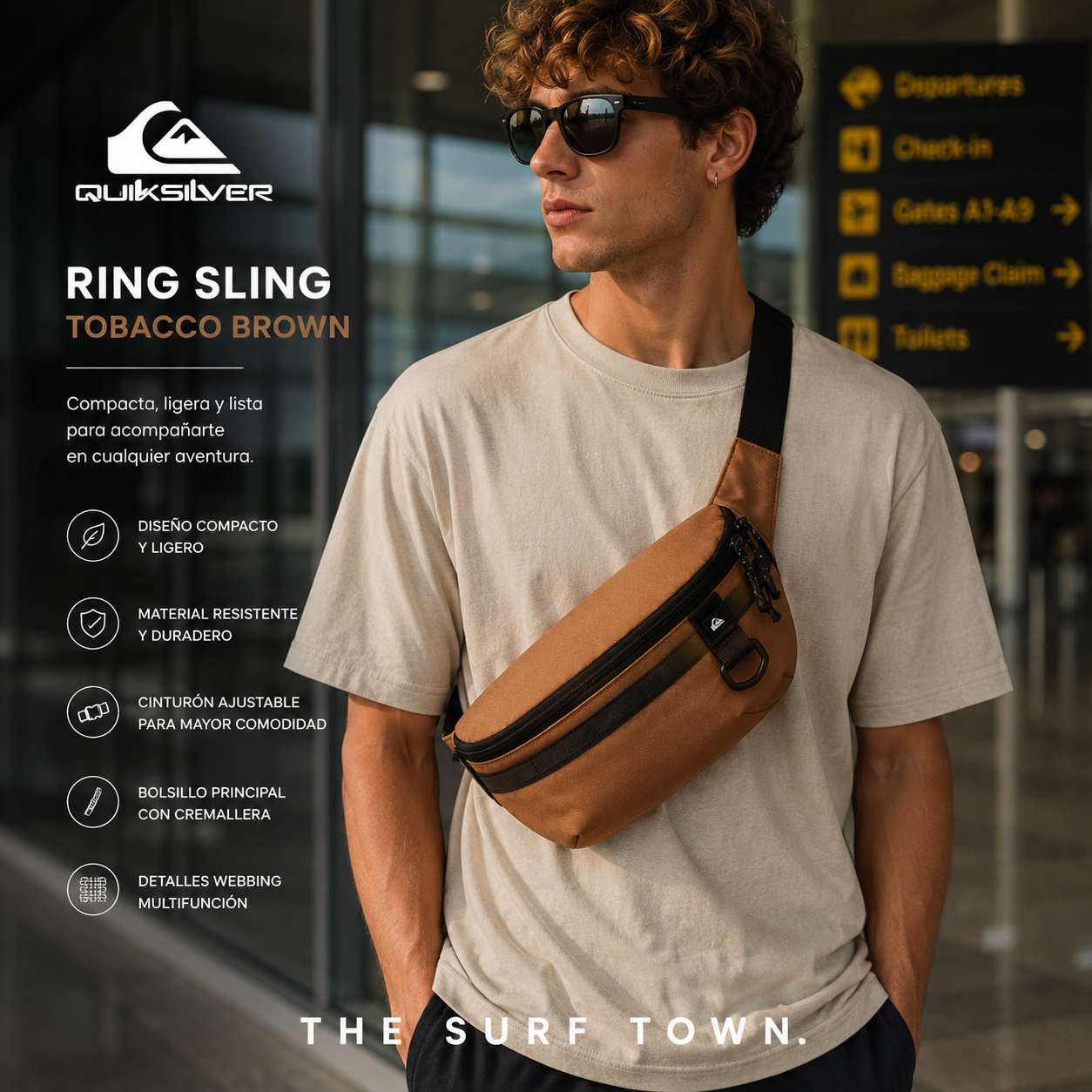Riñonera Quiksilver Ring Sling Tobacco Brown en fotografía editorial propia de THE SURF TOWN con estilo travel lifestyle premium en aeropuerto internacional