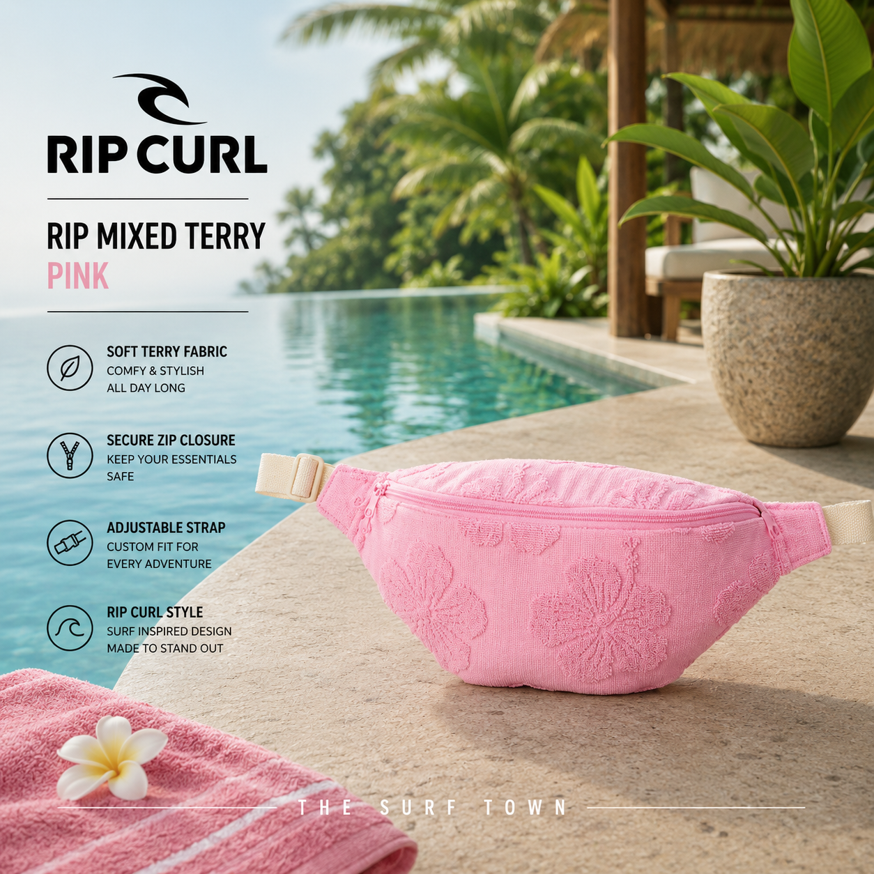 Riñonera Rip Curl Rip Mixed Terry Pink en fotografía editorial propia de THE SURF TOWN junto a piscina infinity tropical con tejido terry texturizado, diseño surf femenino, correa ajustable y estilo veraniego para playa, viajes y uso diario.