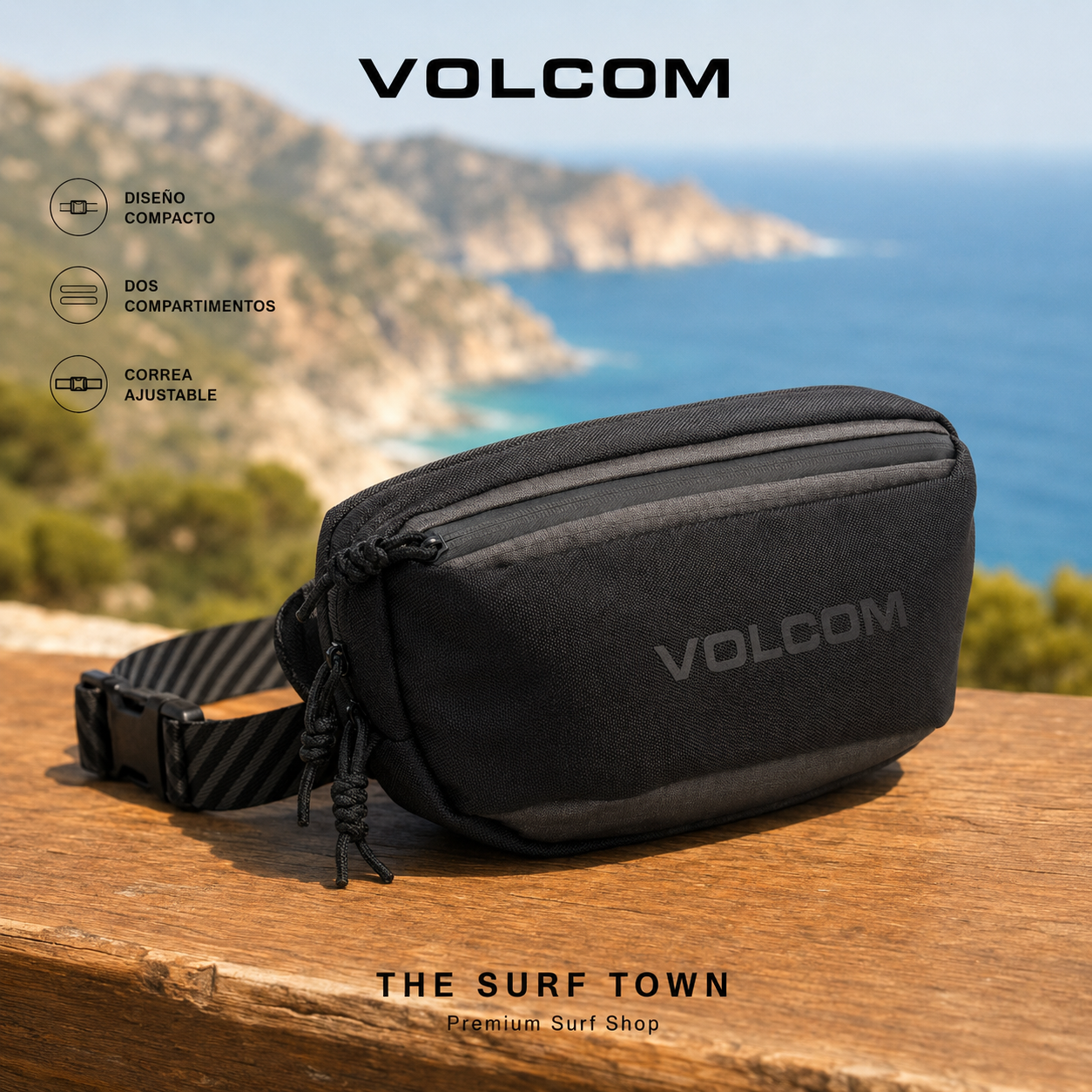 Riñonera Volcom Mini Dos Black de 2 litros sobre madera con vistas al mar, imagen editorial propia de THE SURF TOWN