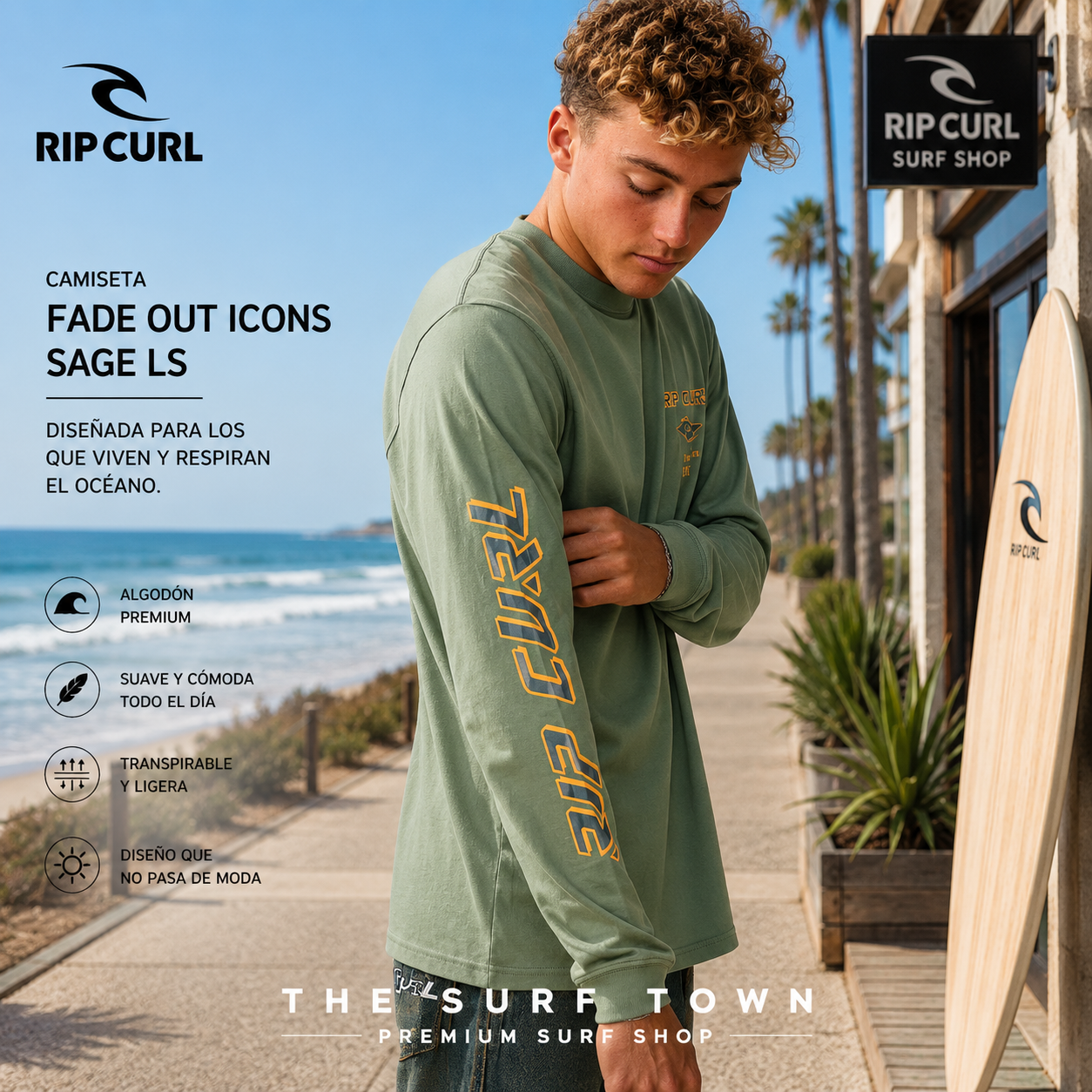 Camiseta Rip Curl Fade Out Icons Sage LS para hombre en fotografía editorial propia de THE SURF TOWN PREMIUM SURF SHOP con escenario surf lifestyle junto al mar.
