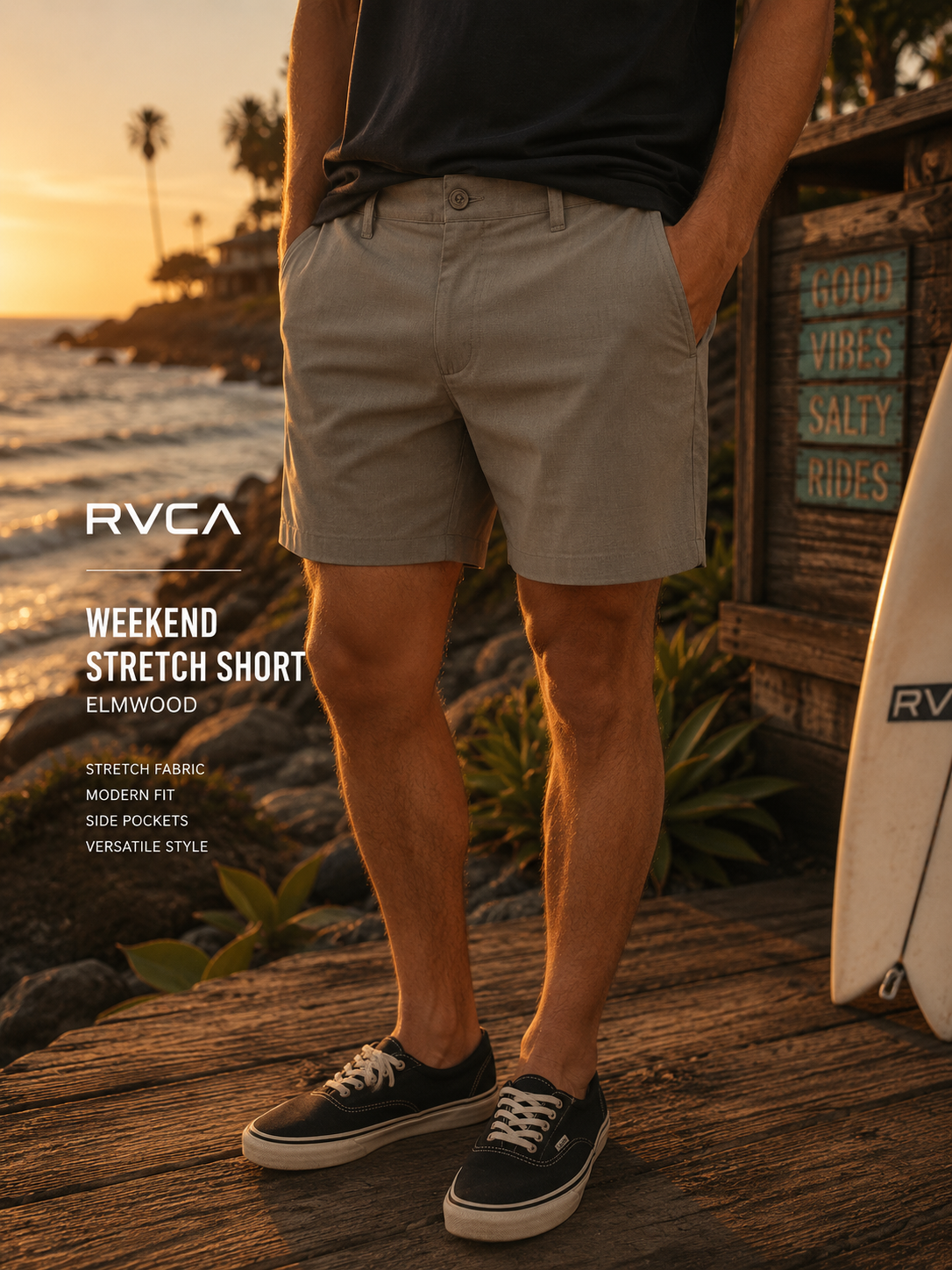 Bermudas híbridas RVCA All Time Mushroom para hombre en escenario lifestyle surf premium junto al mar al atardecer