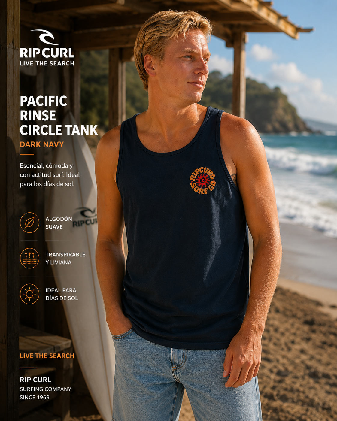 Camiseta de tirantes Rip Curl Pacific Rinse Circle Tank Dark Navy para hombre en escena surf shack premium