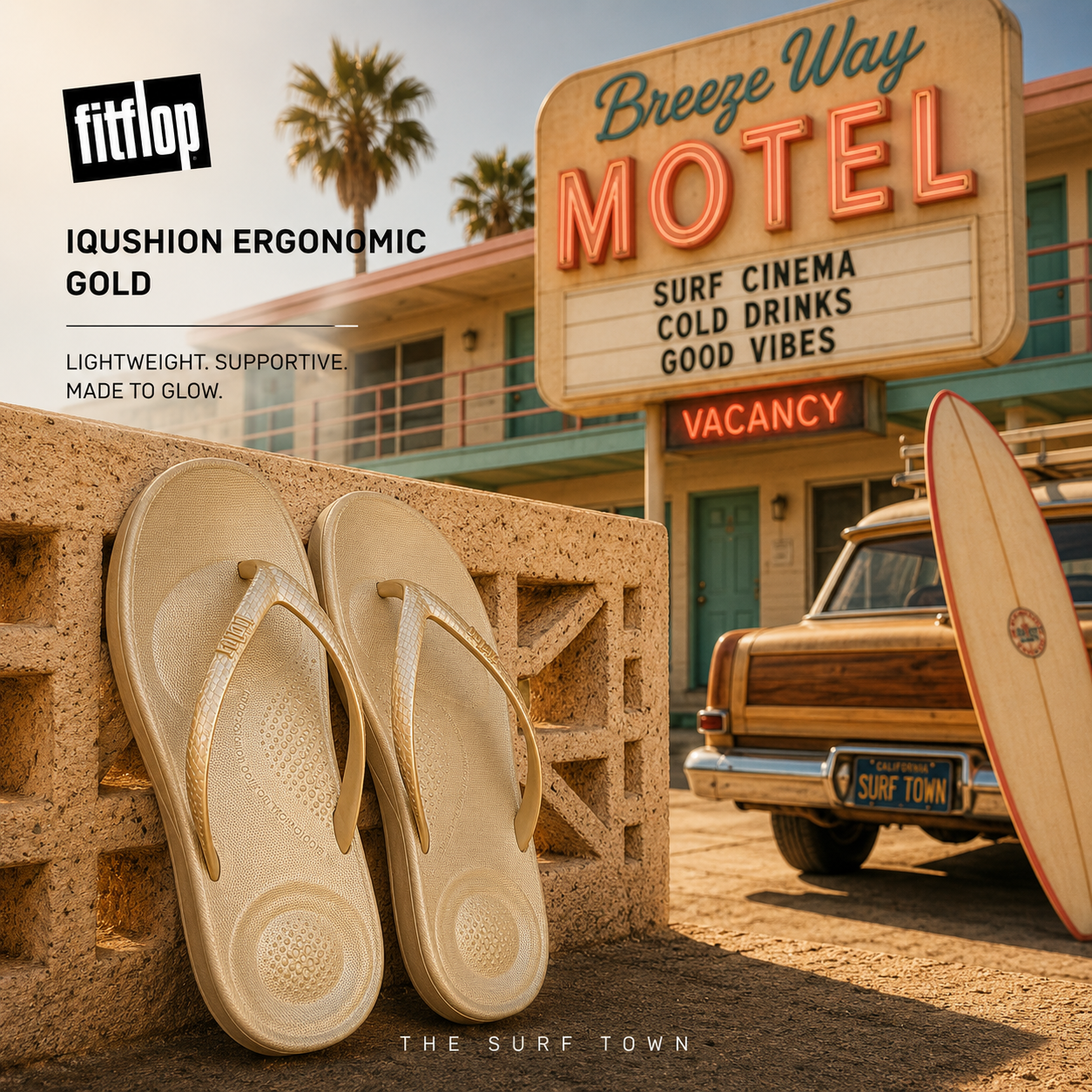 Sandalias FitFlop Iqushion Ergonomic Gold para mujer en fotografía editorial propia de THE SURF TOWN con estética motel retro surf cinema y estilo verano premium