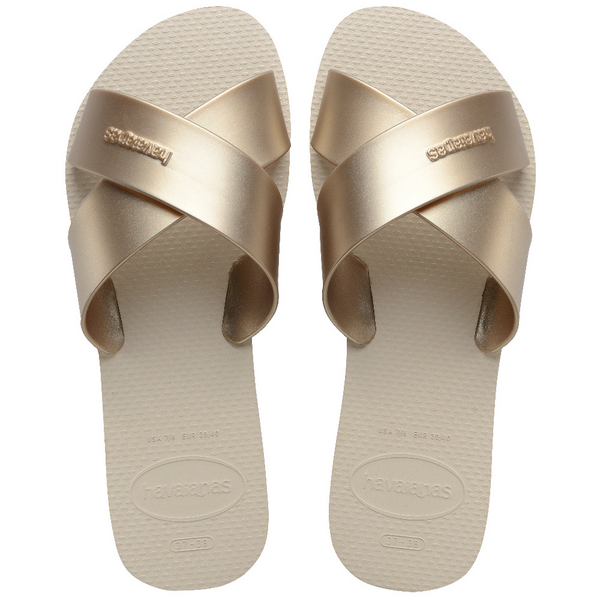 Sandalias Havaianas Aqua Metallic Beige mujer con tiras cruzadas beige metalizadas y suela de goma cómoda para verano, playa o piscina