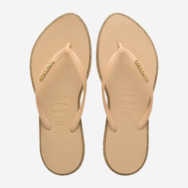 Sandalias Havaianas Slim Point Glitter Golden Brown mujer con tiras finas doradas con brillo y suela de goma cómoda para playa, piscina o verano