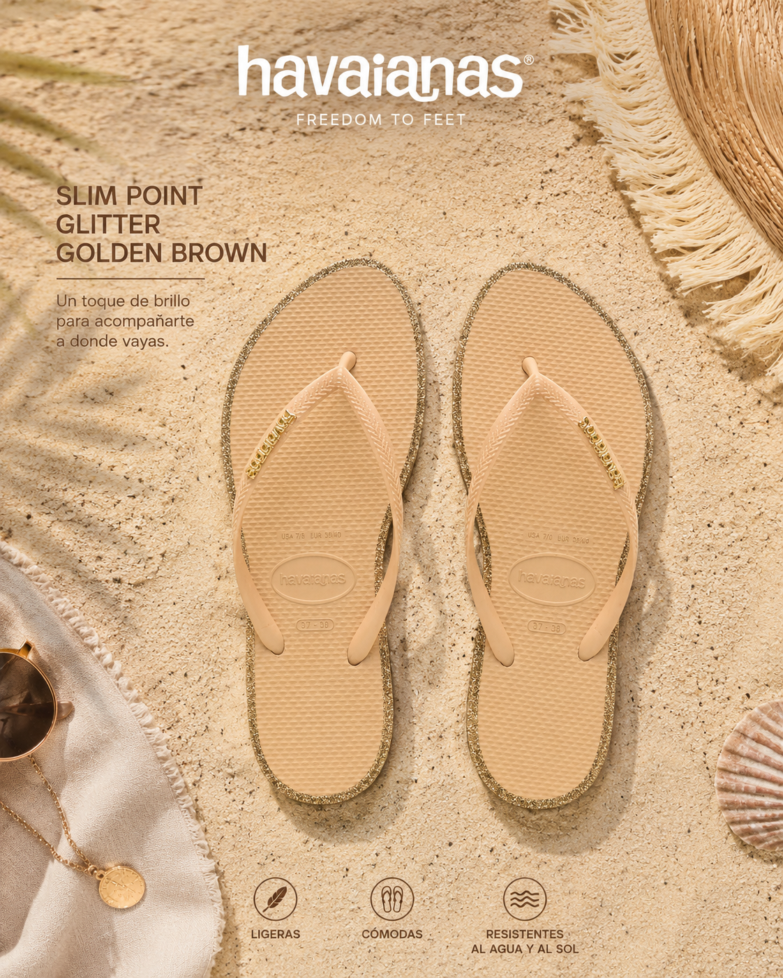 Sandalias Havaianas Slim Point Glitter Golden Brown para mujer en escena beach luxury premium de día