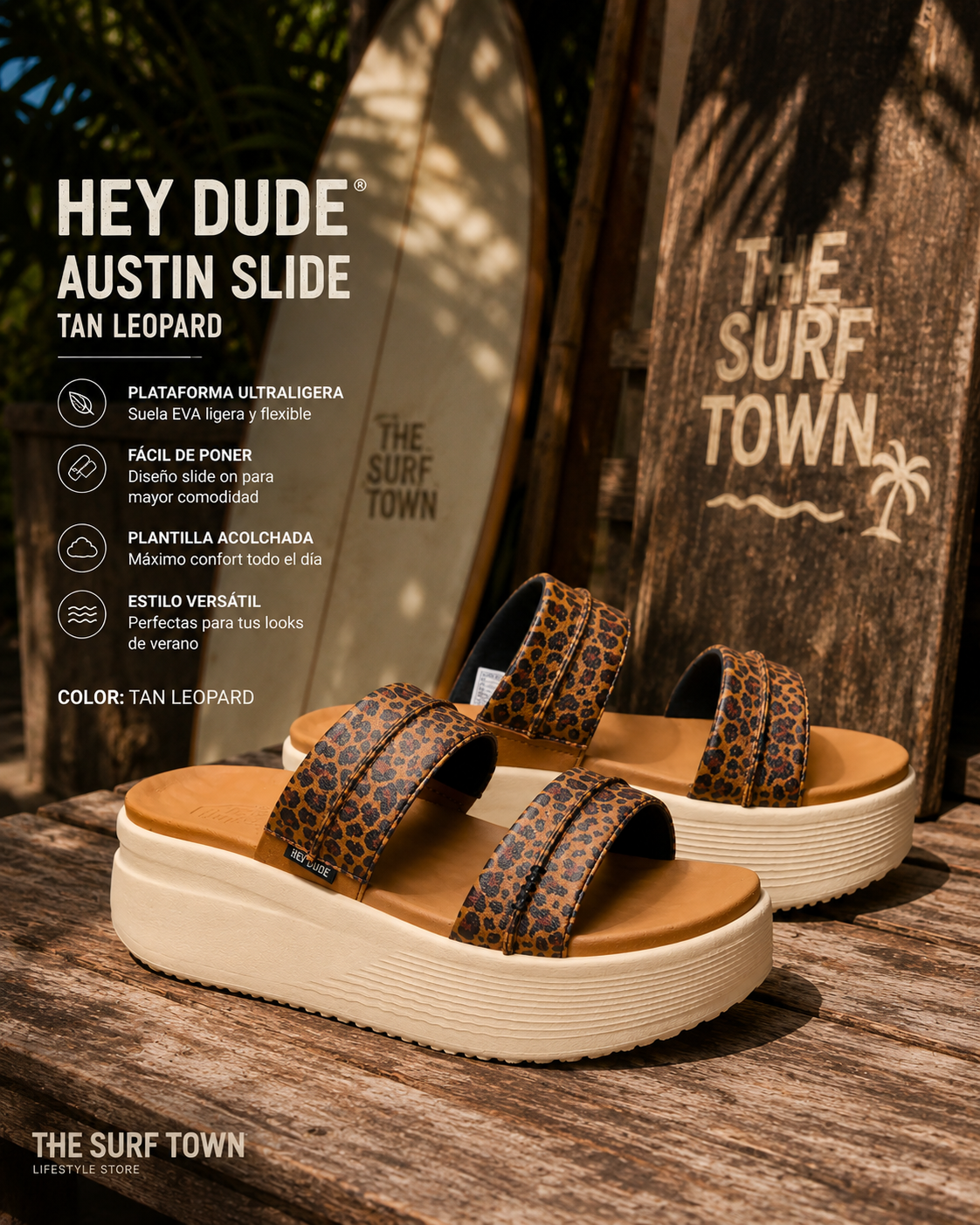 Sandalias Hey Dude Austin Slide Tan Leopard para mujer con plataforma ultraligera en ambiente lifestyle surf premium tropical