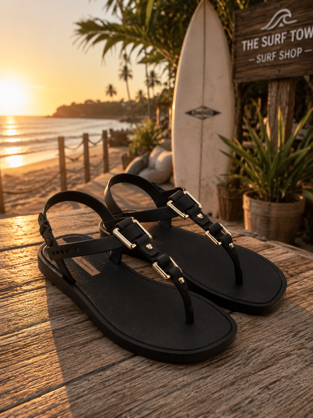 Sandalias Ipanema Class Urbane black gold para mujer en beach club surf lifestyle premium al atardecer