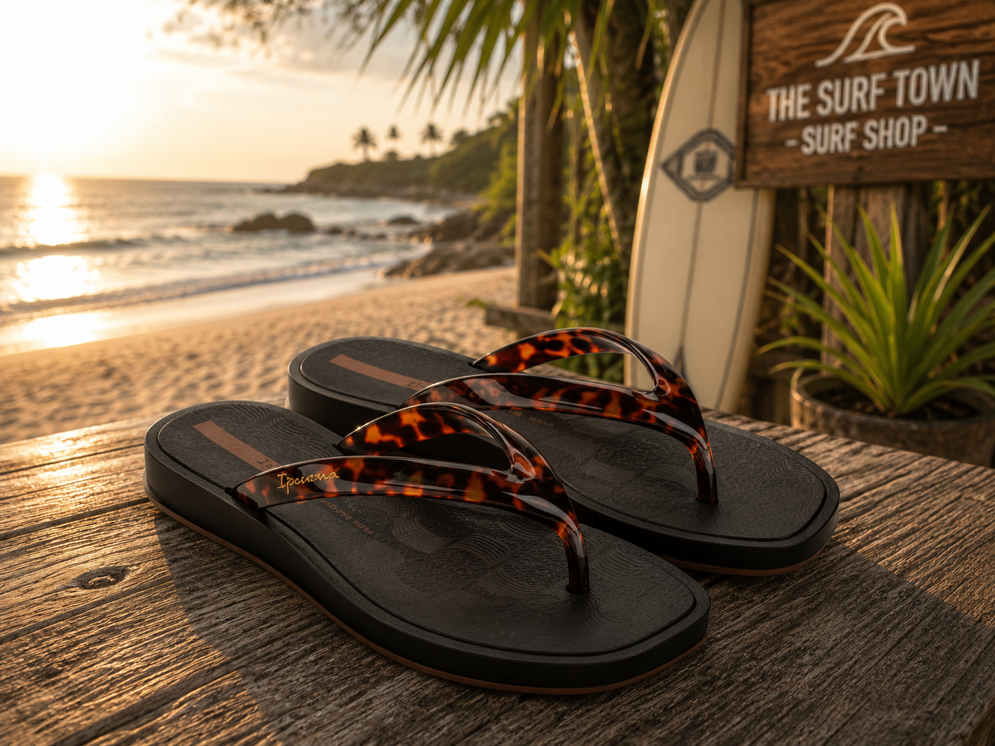 Sandalias Ipanema Glow Trendy black turtle para mujer en playa surf lifestyle premium al atardecer