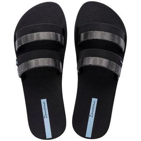 Sandalias Ipanema Mesh Slide Fem mujer negras con detalles azules tipo pala cómodas para verano